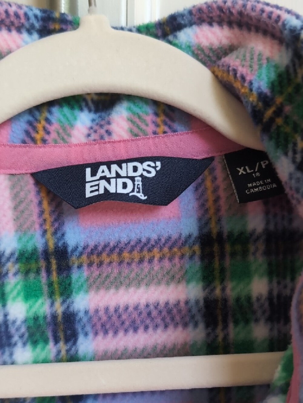 Lands' End Pink and Green Plaid Half-Zip Fleece Pullover - Picture 2 of 2